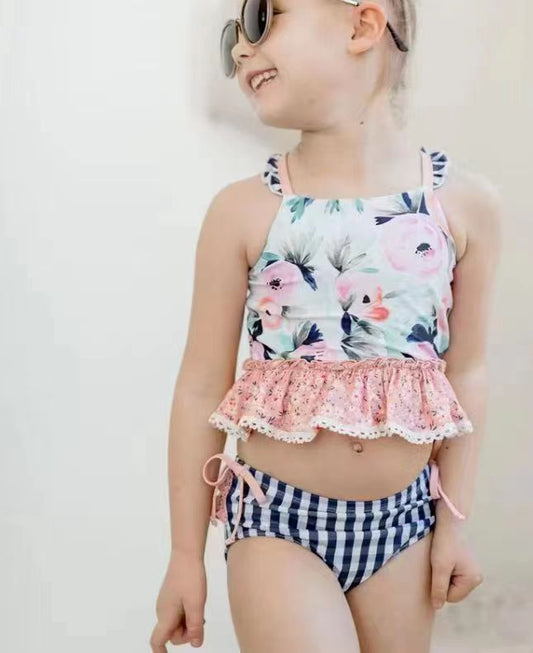 S0158 Girls flowers print 2 pieces swimsuits