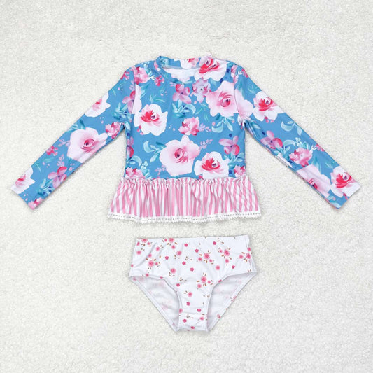 S0168 Flowers Print Pink Stripes Ruffles Girls 2 Pieces Swimsuits