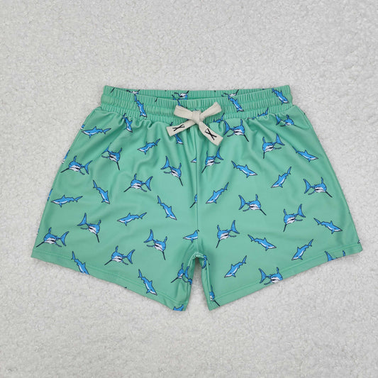 S0173 Boys Green Fish Print Swim Trunks