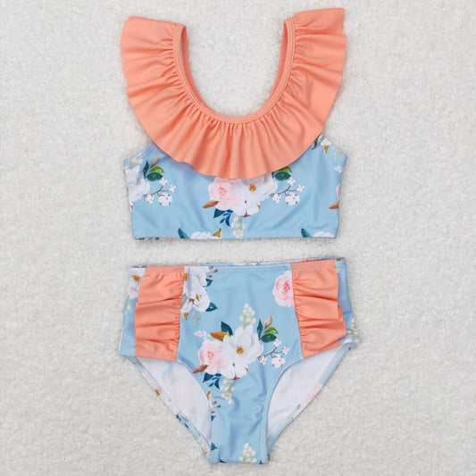 S0179 Girls Flowers Print Pink Ruffles 2 Pieces Swimsuits