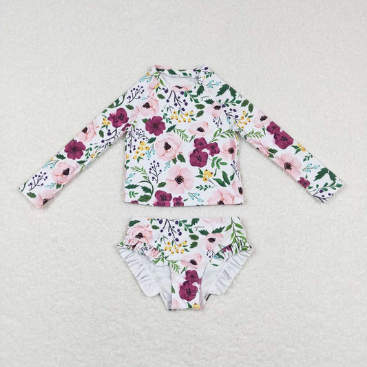 S0180 Girls Flowers Print Long Sleeve 2 Pieces Swimsuits
