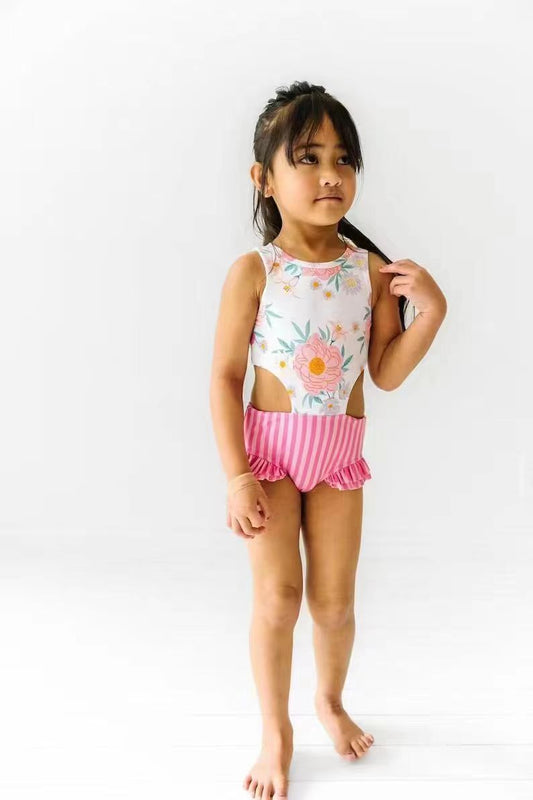 (Pre-order) S0181 Girls pink flowers print 1 piece swimsuits