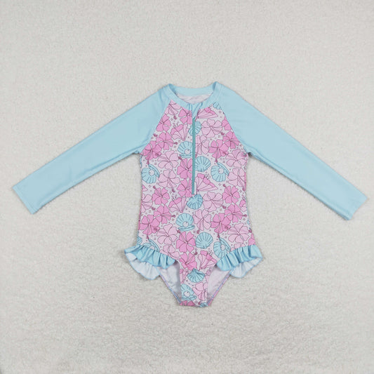 S0182 Girls Pink Flowers Blue Conch Print Long Sleeve Zipper 1 Piece Swimsuits
