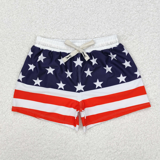 S0188 Star Stripes Print Boys 4th of July Swim Trunks