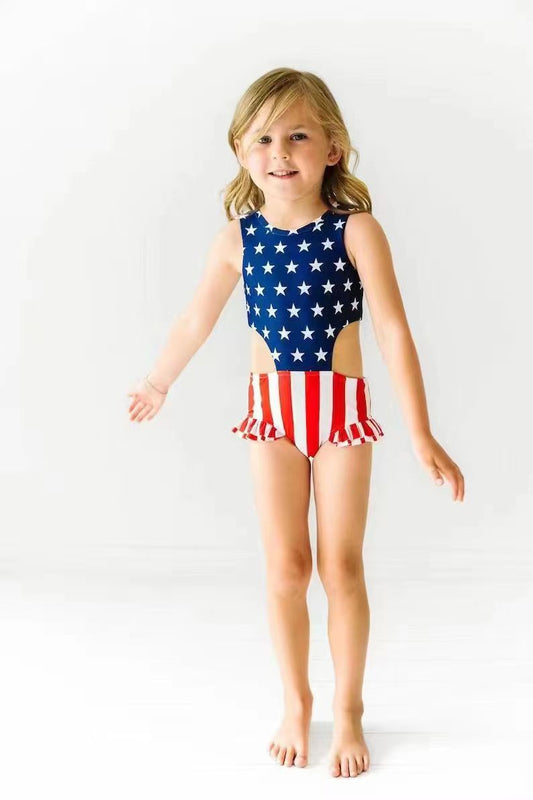 (Pre-order) S0189 Girls star stripes print 1 piece 4th of July swimsuits