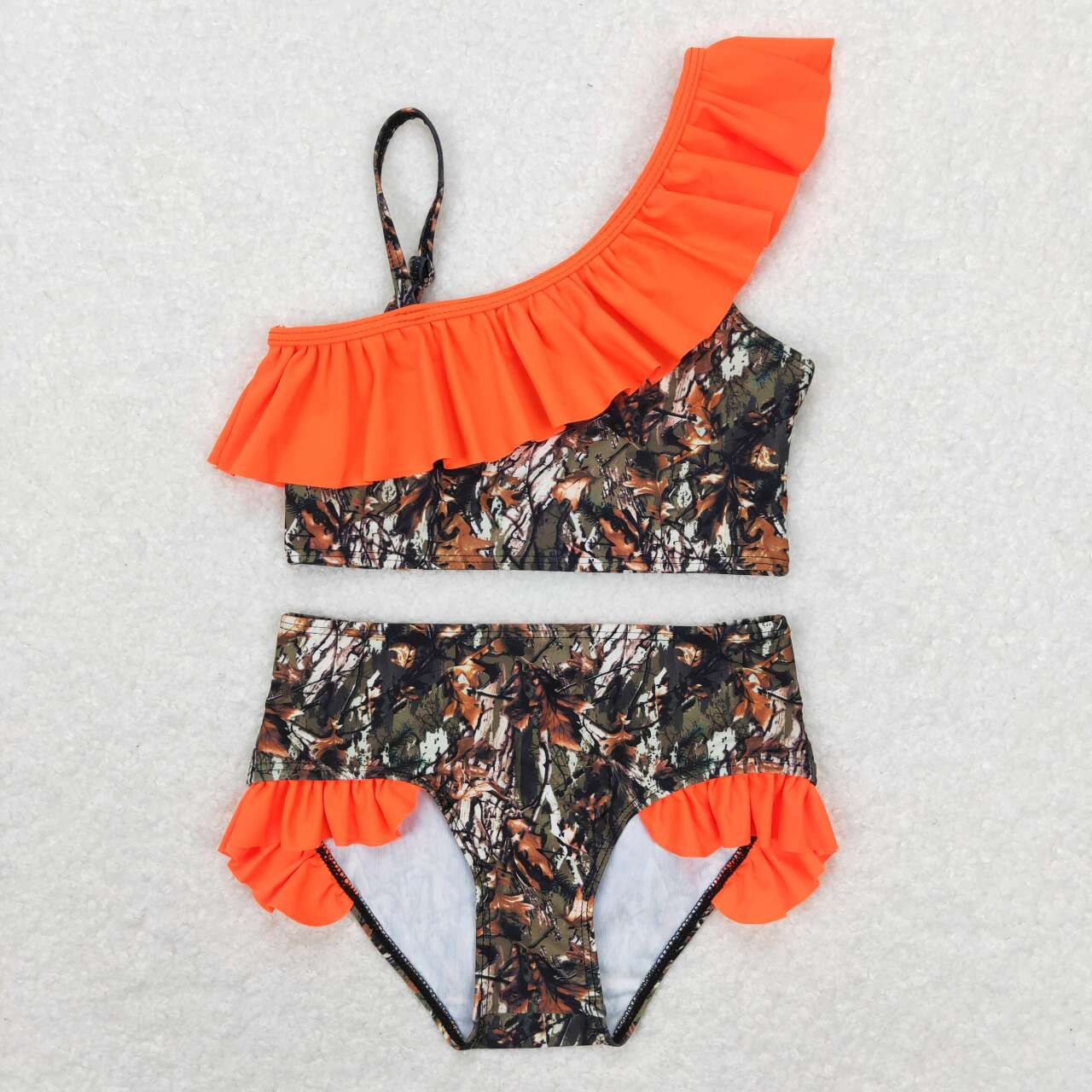 S0197 Girls Orange Camo Branch Print 2 Pieces Swimsuits