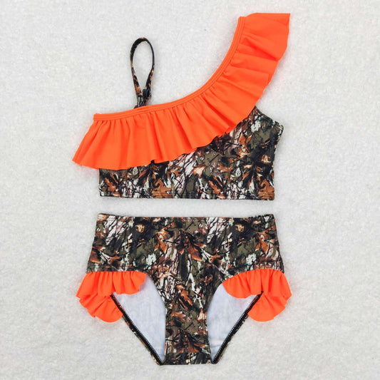 S0197 Girls Orange Camo Branch Print 2 Pieces Swimsuits