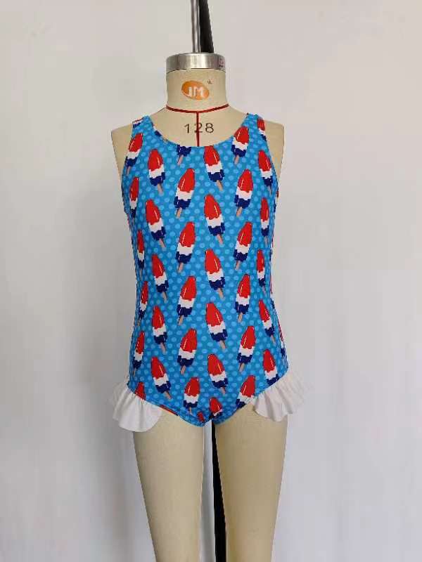 S0217 Popsicle Blue Polka Dots Print 1 Piece Girls 4th of July Swimsuits