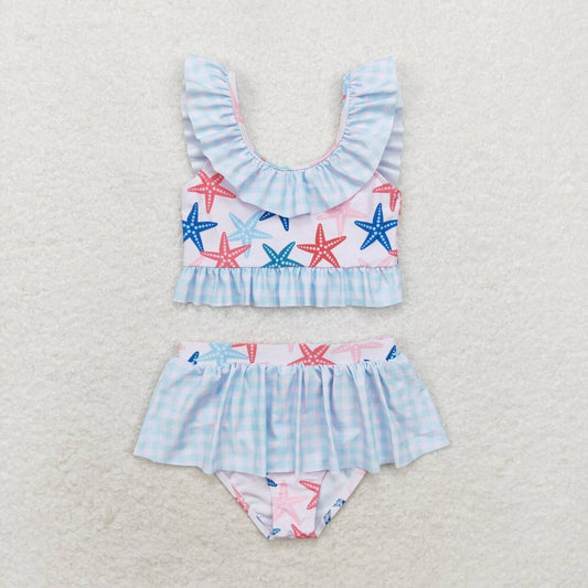 S0240 Starfish Print 2 Pieces Girls Ruffles Swimsuits