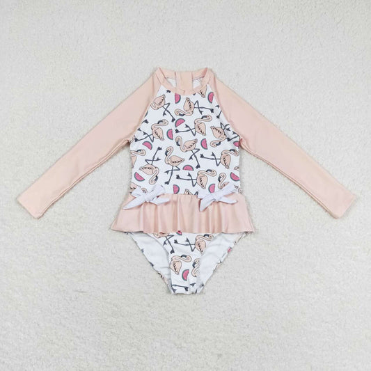 S0245 Flamingo Print Girls 1 Piece Long Sleeve Zipper Swimsuits