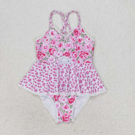 S0247 Girls Pink Flowers Print 1 Piece Swimsuits
