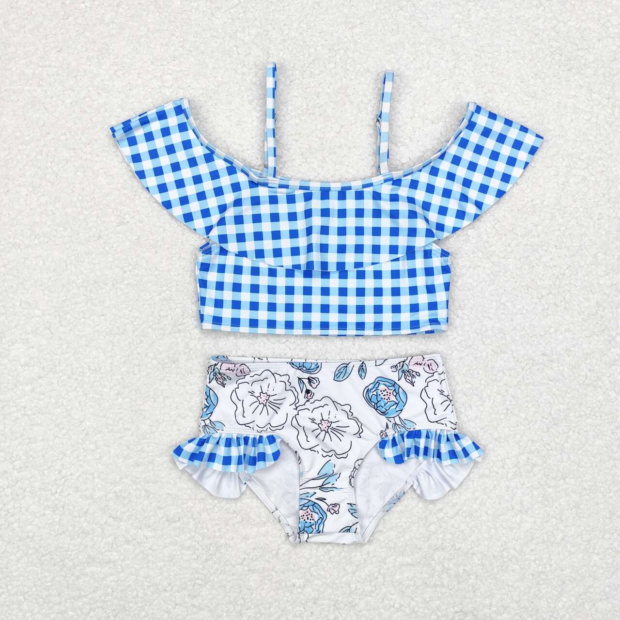 S0254 Blue Plaid Flowers Print Girls 2 Pieces Swimsuits