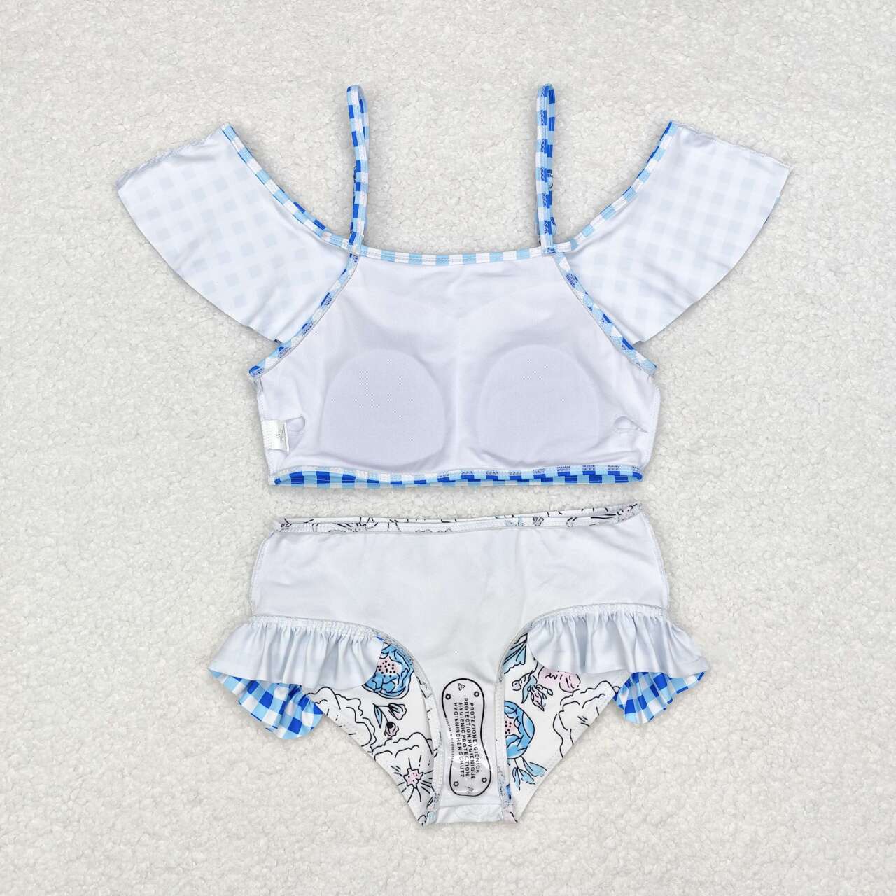 S0254 Blue Plaid Flowers Print Girls 2 Pieces Swimsuits