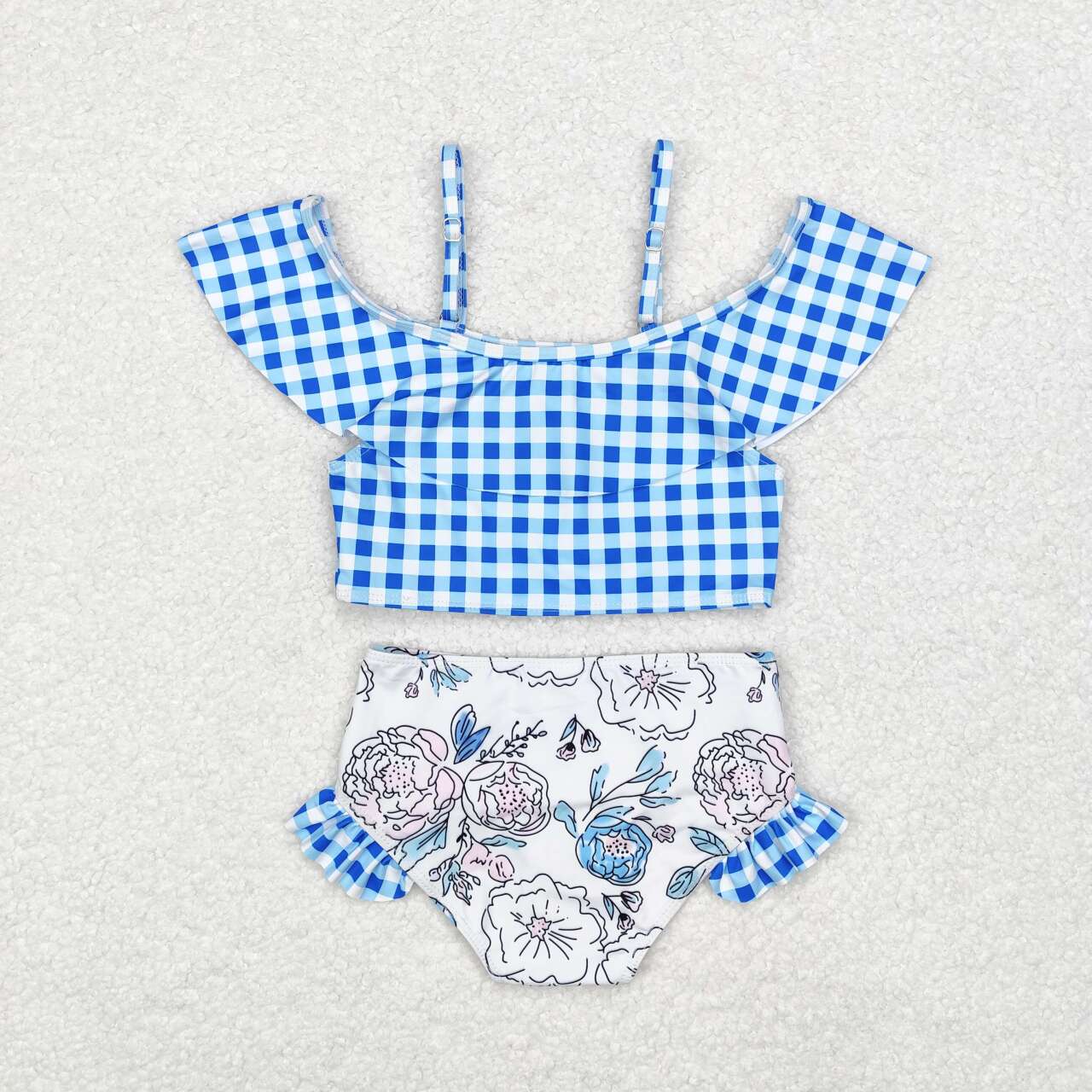 S0254 Blue Plaid Flowers Print Girls 2 Pieces Swimsuits