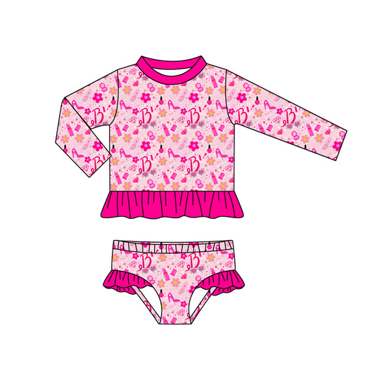 (Pre-order)S0257 Pink BA Flowers Print Girls 2 Pieces Long Sleeve Swimsuits