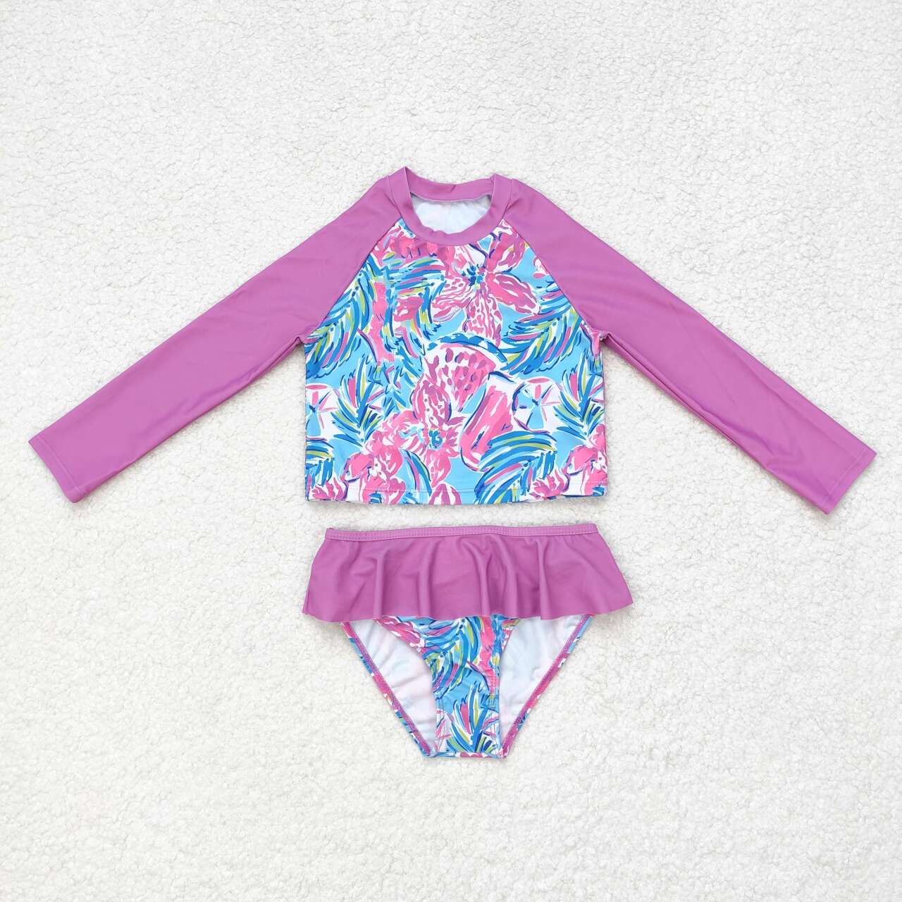 S0259 Purple Flowers Print Girls 2 Pieces Long Sleeve Swimsuits