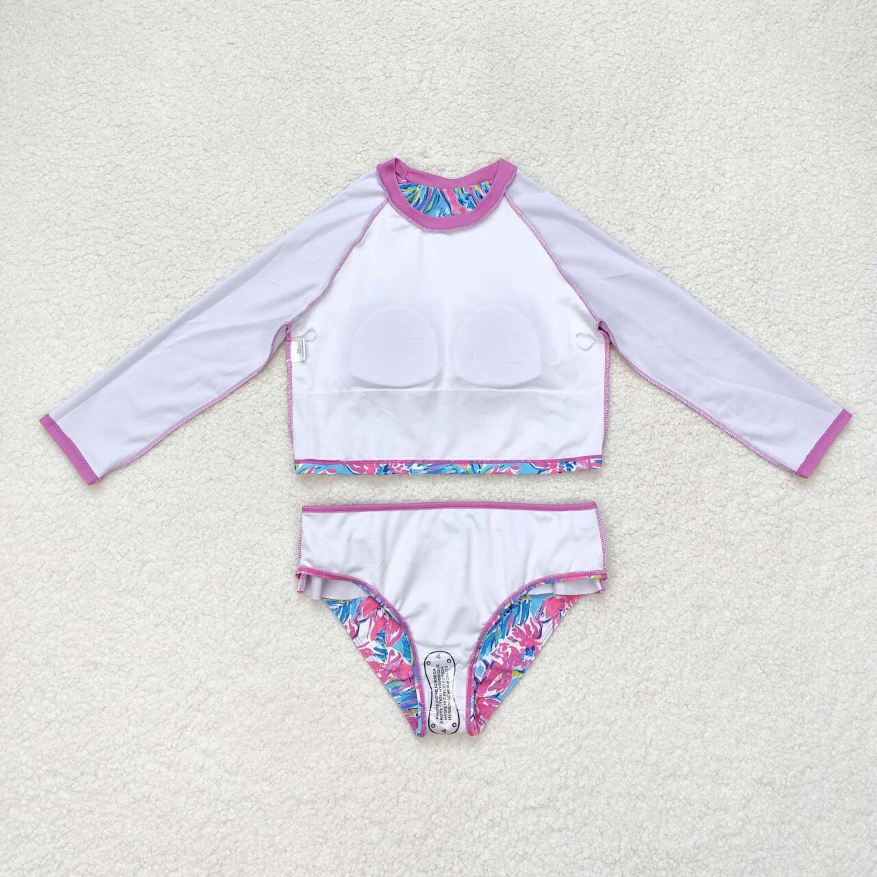 S0259 Purple Flowers Print Girls 2 Pieces Long Sleeve Swimsuits