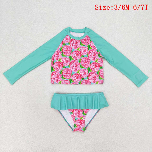 S0260 Green Flowers Print Girls 2 Pieces Long Sleeve Swimsuits
