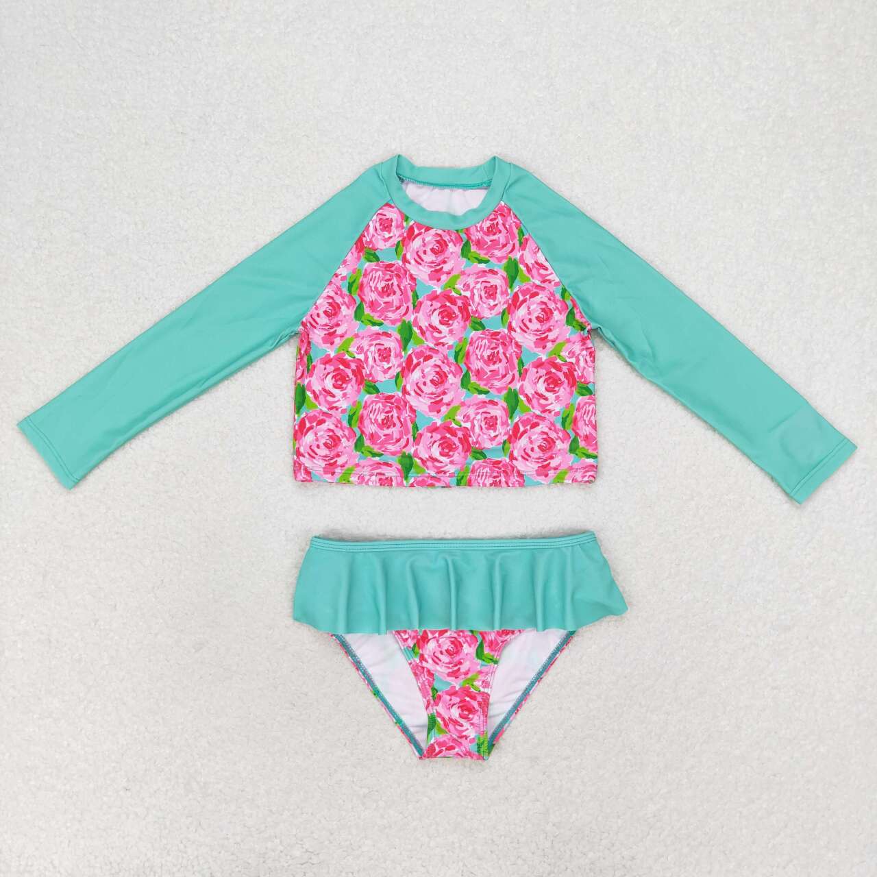 S0260 Green Flowers Print Girls 2 Pieces Long Sleeve Swimsuits