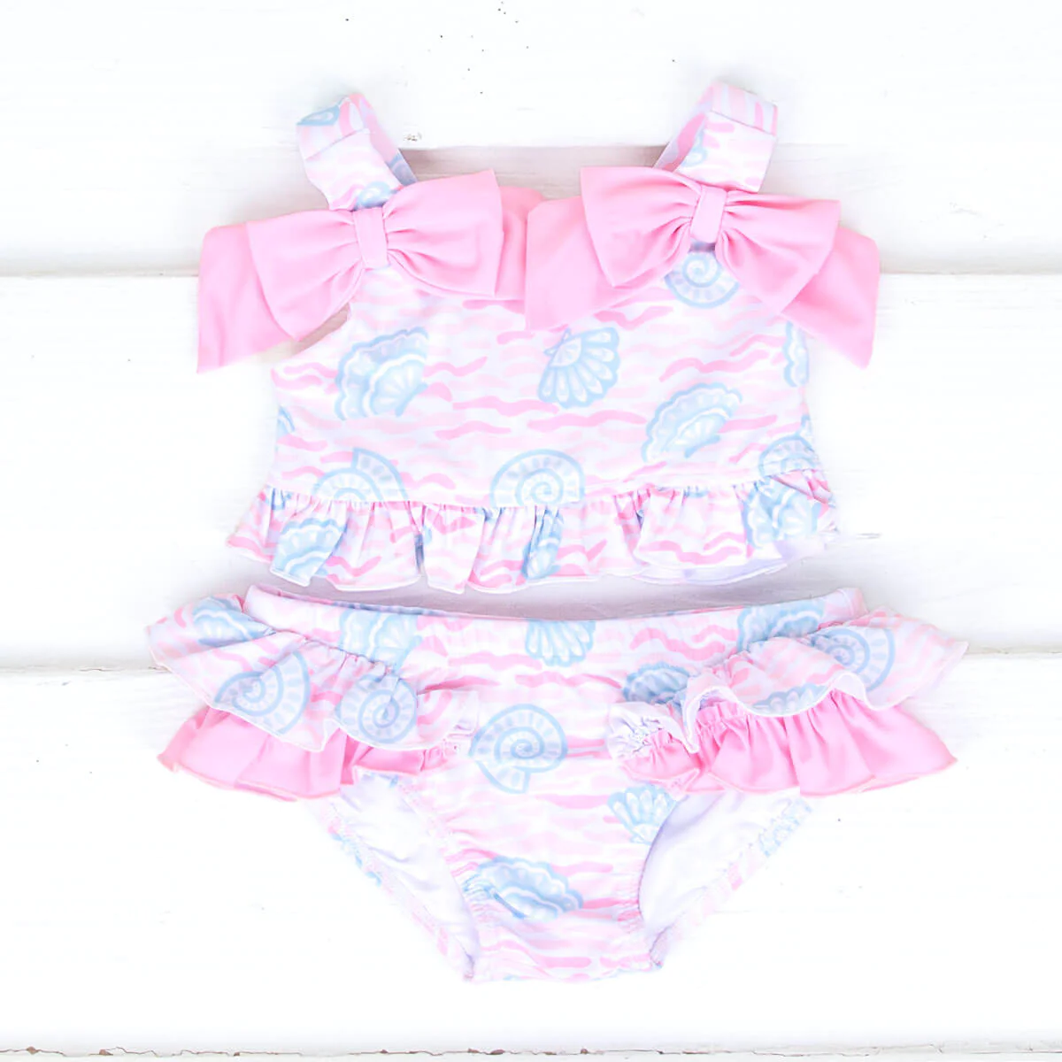(Pre-order)S0273 Pink Shell Print Girls 2 Pieces Swimsuits