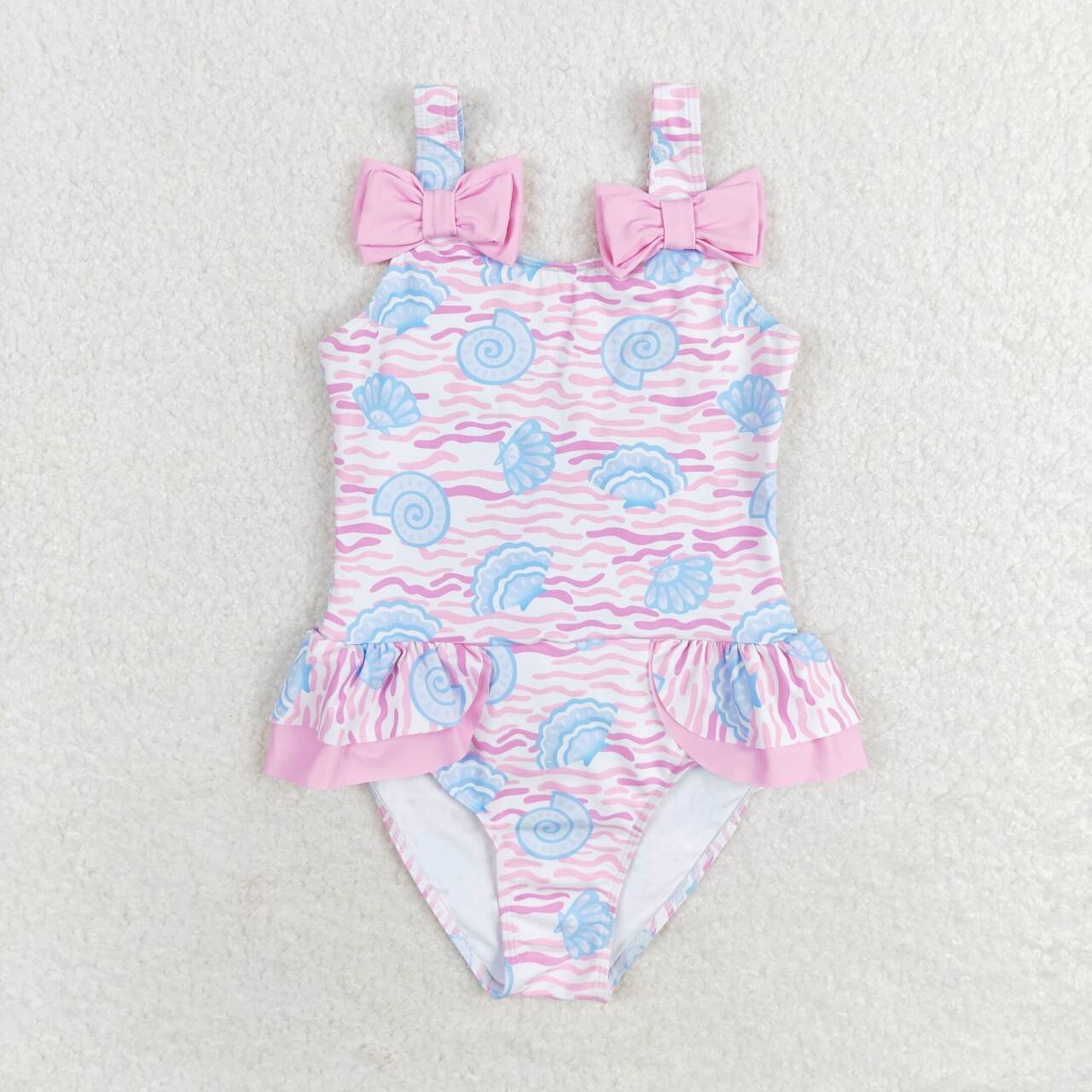 S0274 Pink Shell Print Girls 1 Piece Swimsuits