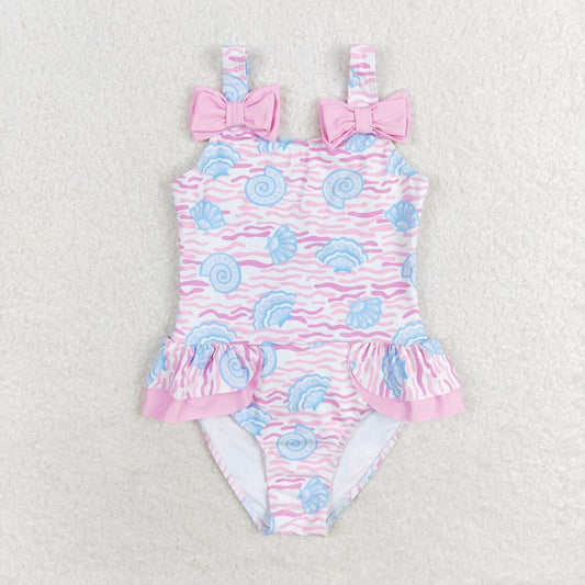 S0274 Pink Shell Print Girls 1 Piece Swimsuits