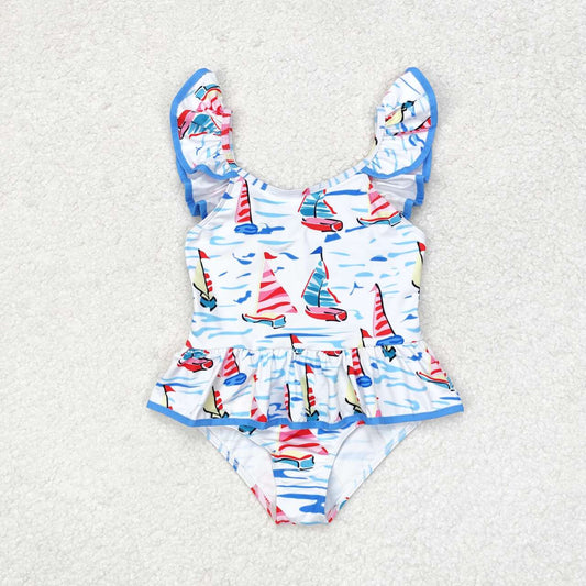 S0277 Sailboat Print Girls 1 Piece Swimsuits