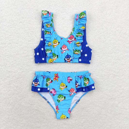 S0280 Blue Cute Shark Print Girls 2 Pieces Ruffles Swimsuits