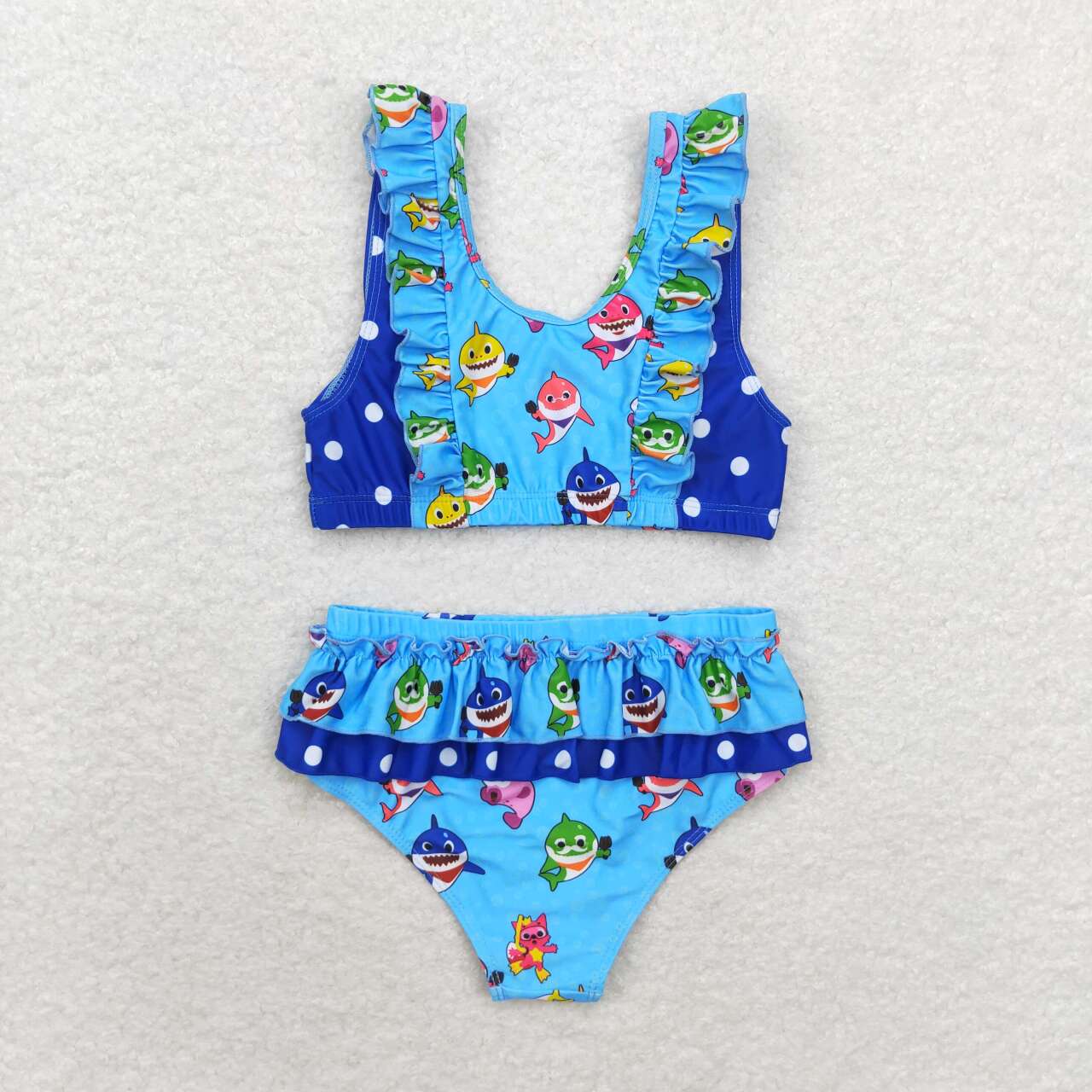 S0280 Blue Cute Shark Print Girls 2 Pieces Ruffles Swimsuits