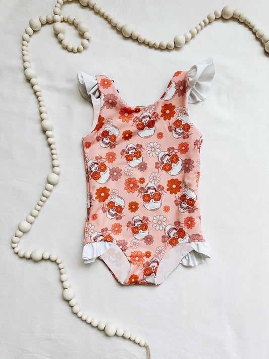 (Pre-order)S0281 Orange Flowers Print Girls 1 Piece Swimsuits
