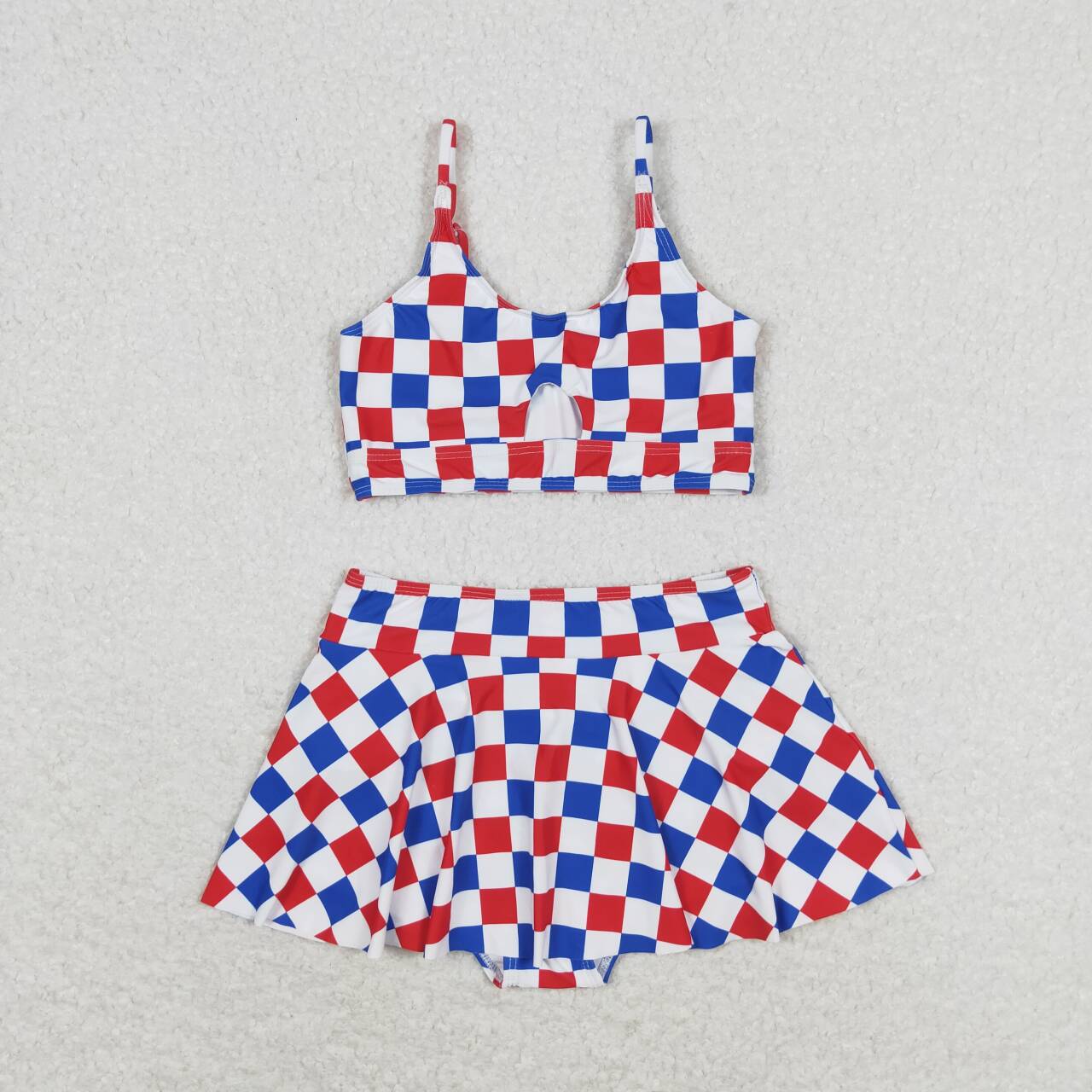 S0287 Blue Red Plaid Print Girls 2 Pieces 4th of July Swimsuits