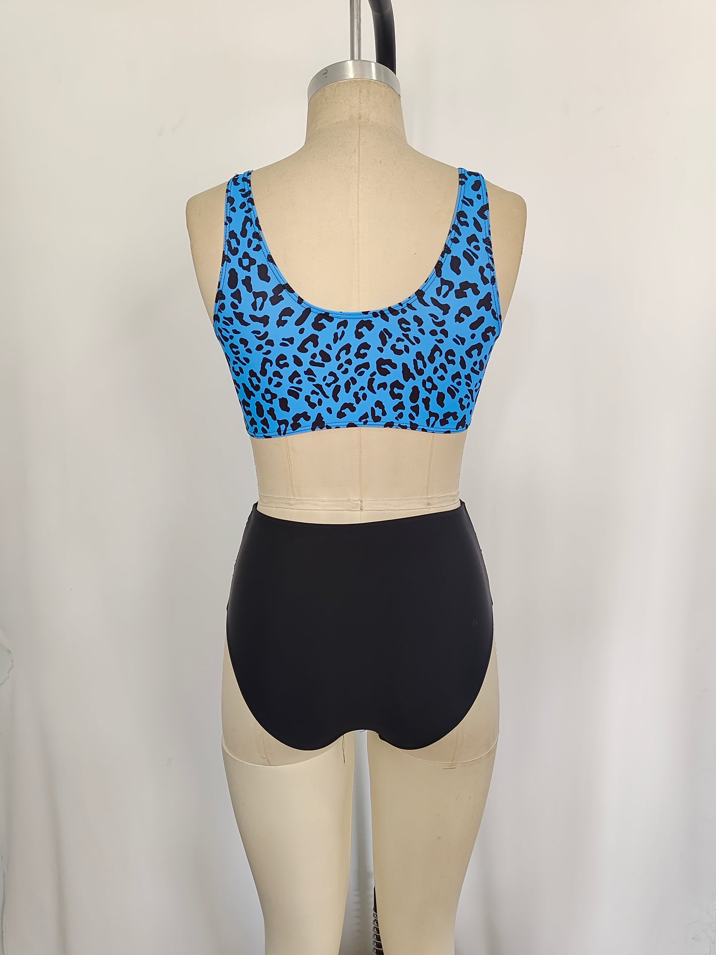 S0290 Adult Blue Leopard Top Black Trunks Woman 2 Pieces Swimsuits