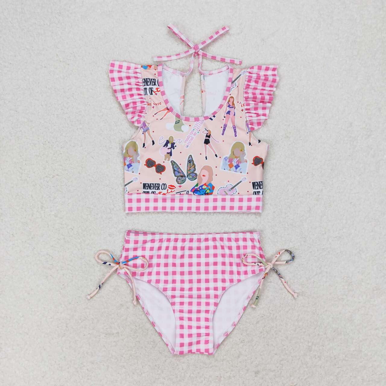 S0291 Pink Singer Swiftie Print Pink Plaid Girls 2 Pieces Swimsuits