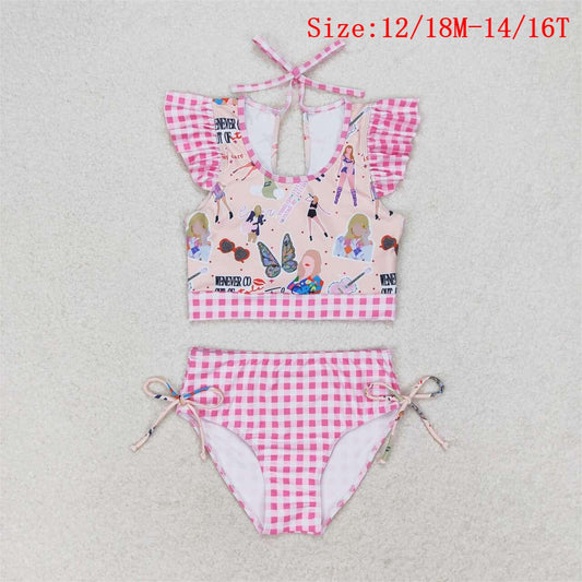 S0291 Pink Singer Swiftie Print Pink Plaid Girls 2 Pieces Swimsuits