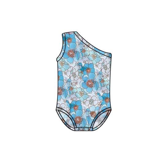 (Pre-order)S0297 Blue Flowers Print Girls 1 Piece Swimsuits