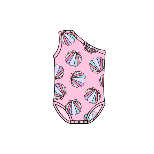 (Pre-order)S0300 Pink Shell Print Girls 1 Piece Swimsuits