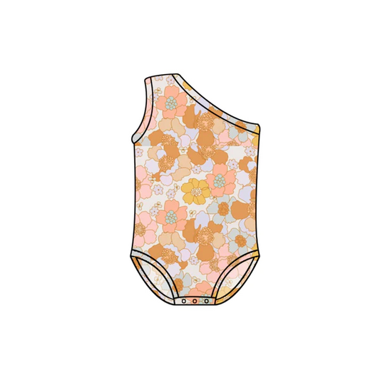 (Pre-order)S0303 Orange Flowers Print Girls 1 Piece Swimsuits
