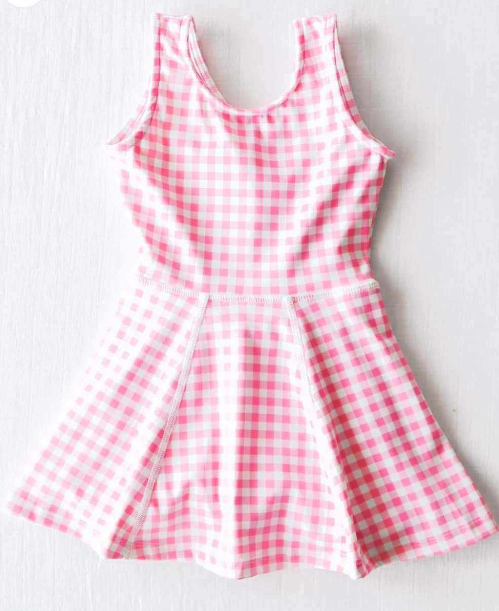 (Custom Design Preorder MOQ 5) Pink Plaid Print Girls Knee Length Shorts 1 Pieces Athletic Dress