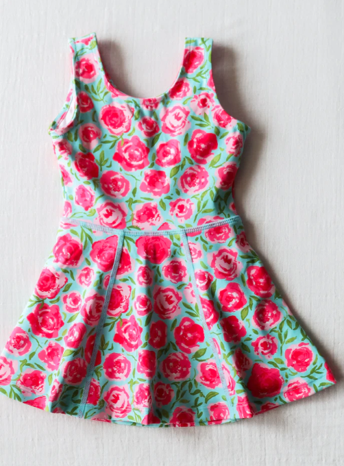 (Custom Design Preorder MOQ 5) Hot Pink Flowers Print Girls 1 Piece Skirts Shorts Swimsuits