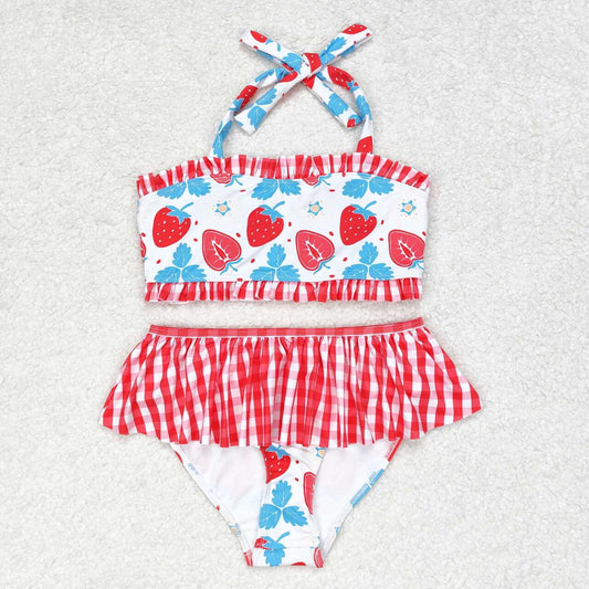 S0316 Strawberry Print Girls 2 Pieces Ruffles Swimsuits