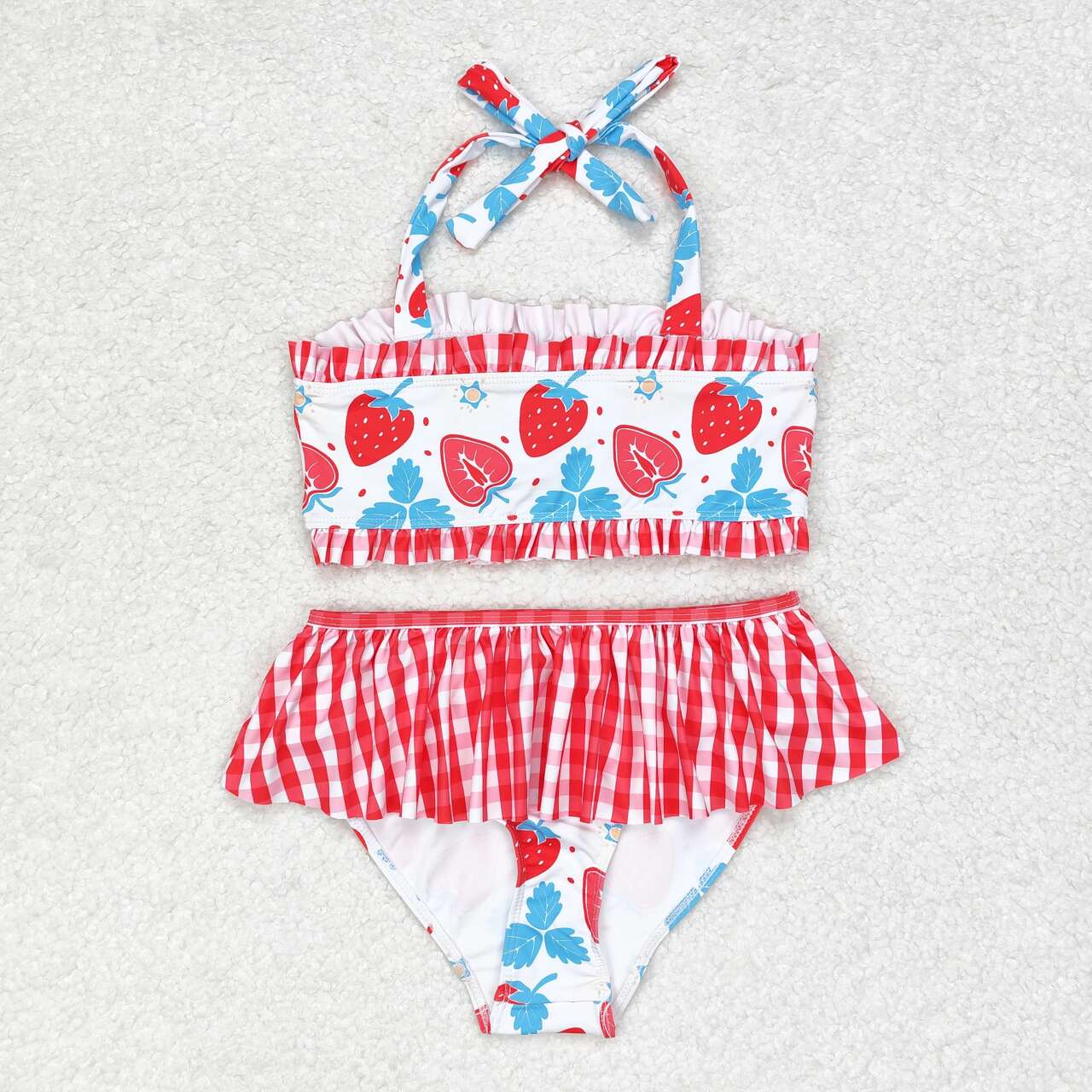 S0316 Strawberry Print Girls 2 Pieces Ruffles Swimsuits