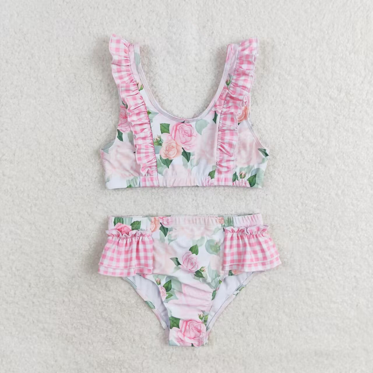 S0318 Pink Flowers Print Girls 2 Pieces Swimsuits