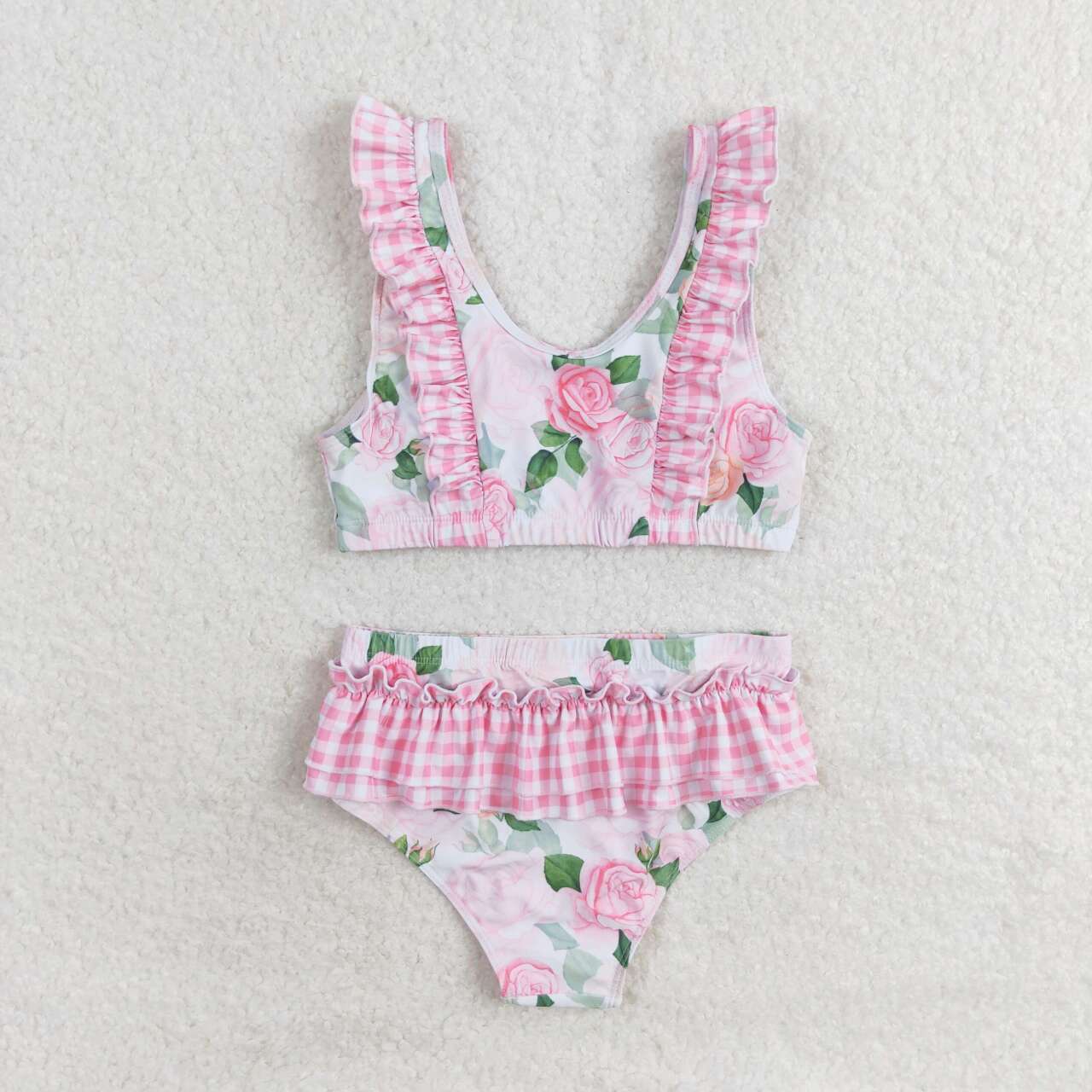 S0318 Pink Flowers Print Girls 2 Pieces Swimsuits