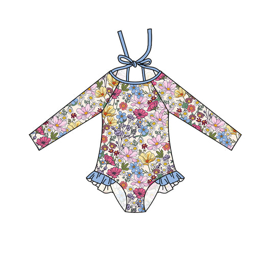 (Pre-order)S0350 Colorful Flowers Print Girls 1 Piece Long Sleeve Swimsuits