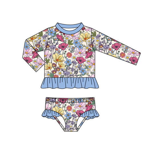 (Pre-order)S0351 Colorful Flowers Print Girls 2 Pieces Long Sleeve Swimsuits