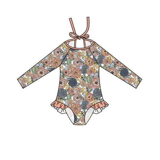 (Pre-order)S0352 Flowers Cactus Print Girls 1 Piece Long Sleeve Swimsuits