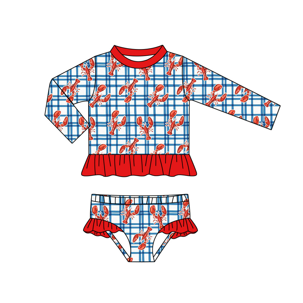 (Pre-order)S0365 Crayfish Print Girls 2 Pieces Long Sleeve Swimsuits