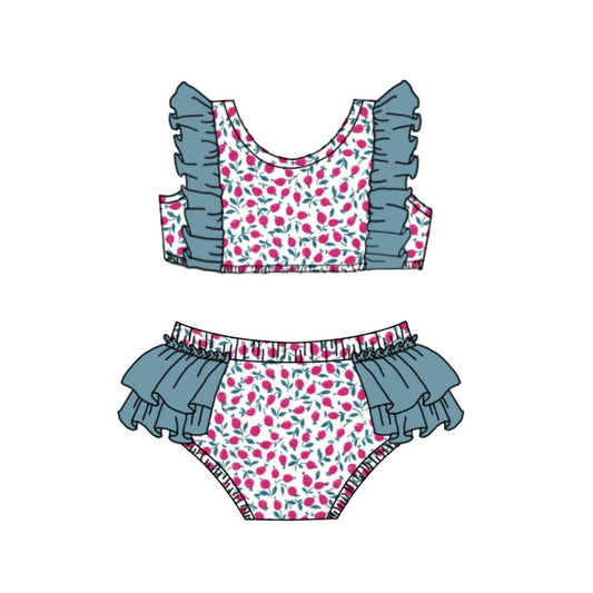 (Pre-order)S0368 Flowers Print Ruffles Girls 2 Pieces Swimsuits
