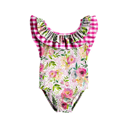 (Pre-order)S0369 Colorful Flowers Print Ruffles Girls 1 Piece Swimsuits