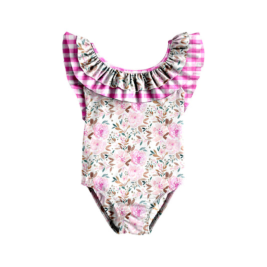 (Pre-order)S0370 Pink Flowers Print Ruffles Girls 1 Piece Swimsuits